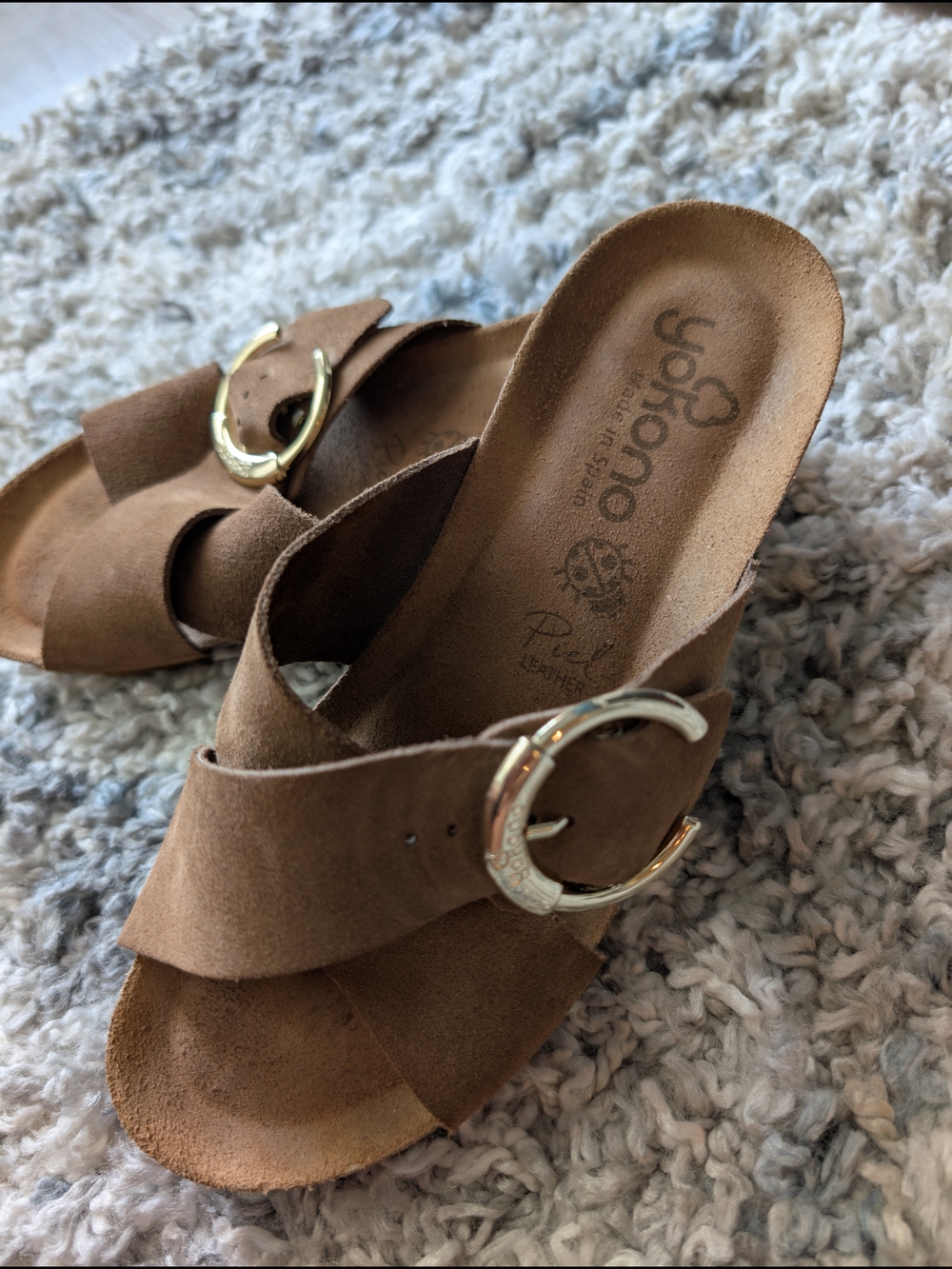 Brown Suede Slide Sandals with Gold Buckle - Picture 4 of 17